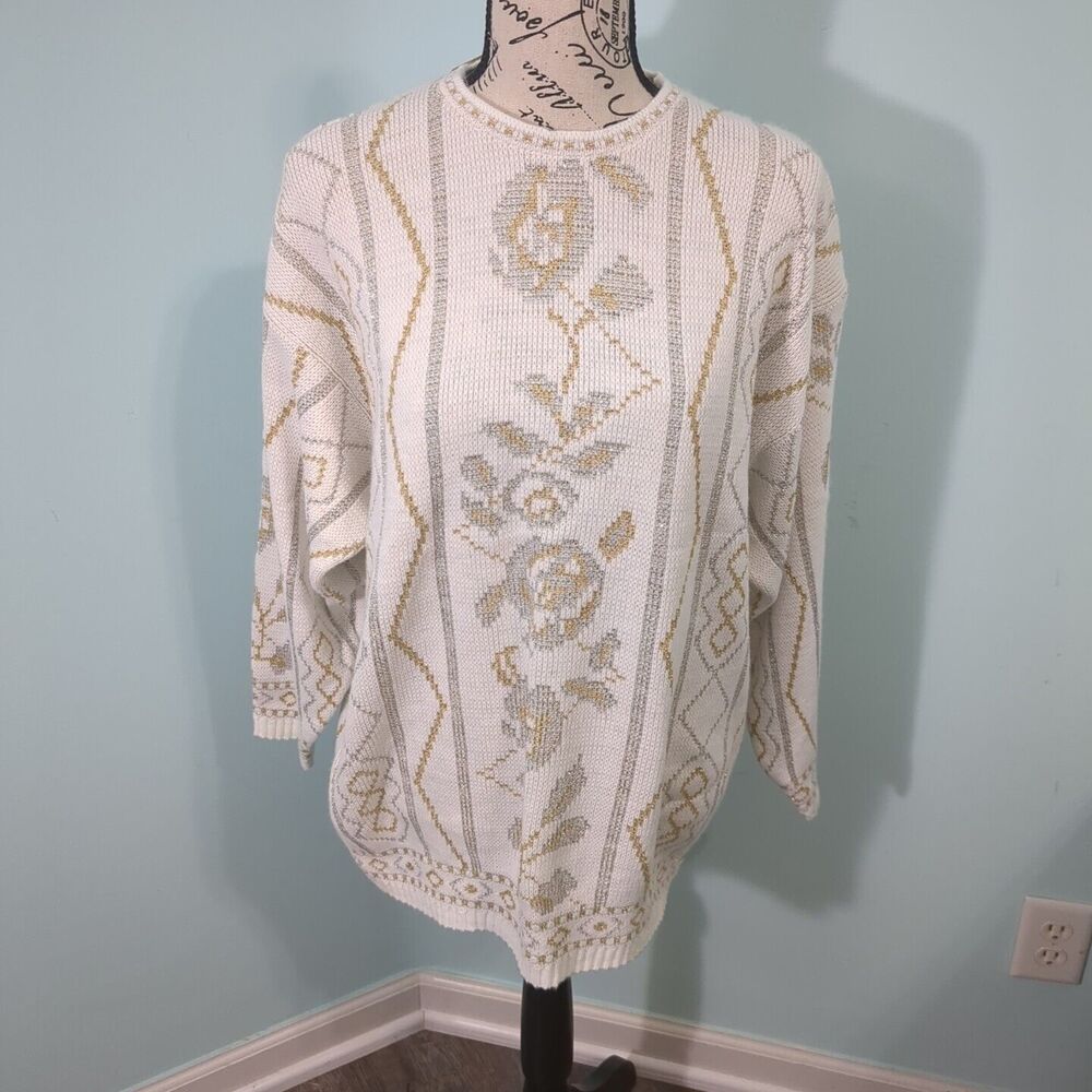 Vintage 80s Dana Scott Women's Oversized Gold Rose Acrylic Sweater new Large